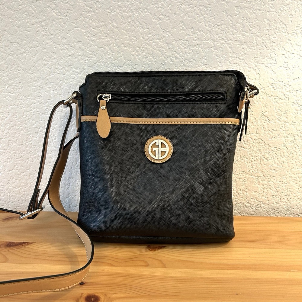 Giani Bernini Crossbody Bag Black With Tan Strap Purse Pocket Zipper